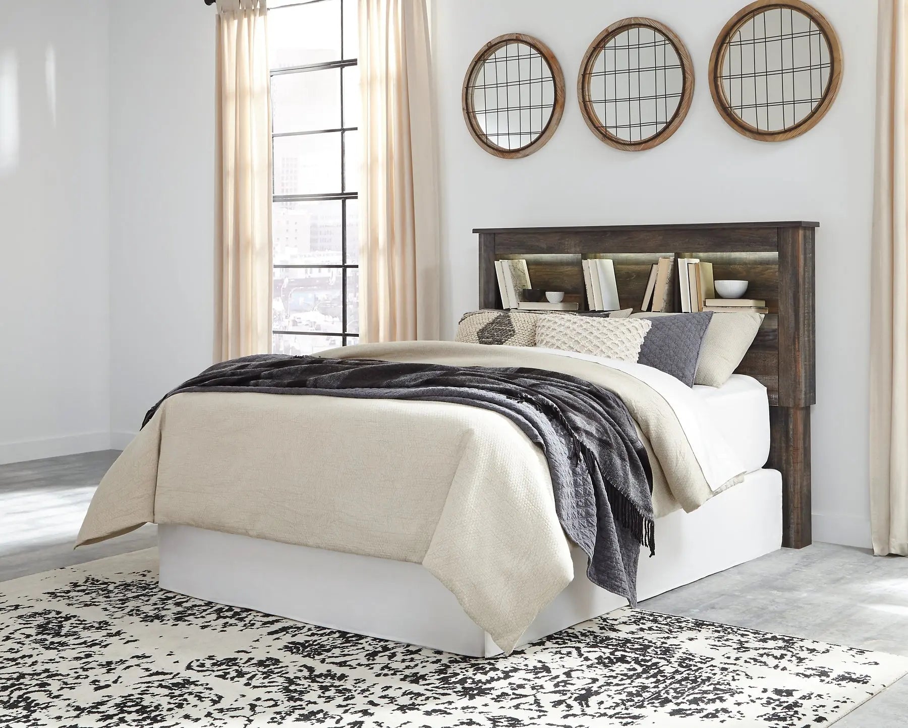 Drystan Queen/Full Bookcase Headboard with Mirrored Dresser, Chest and Nightstand at Lee Furniture, NC