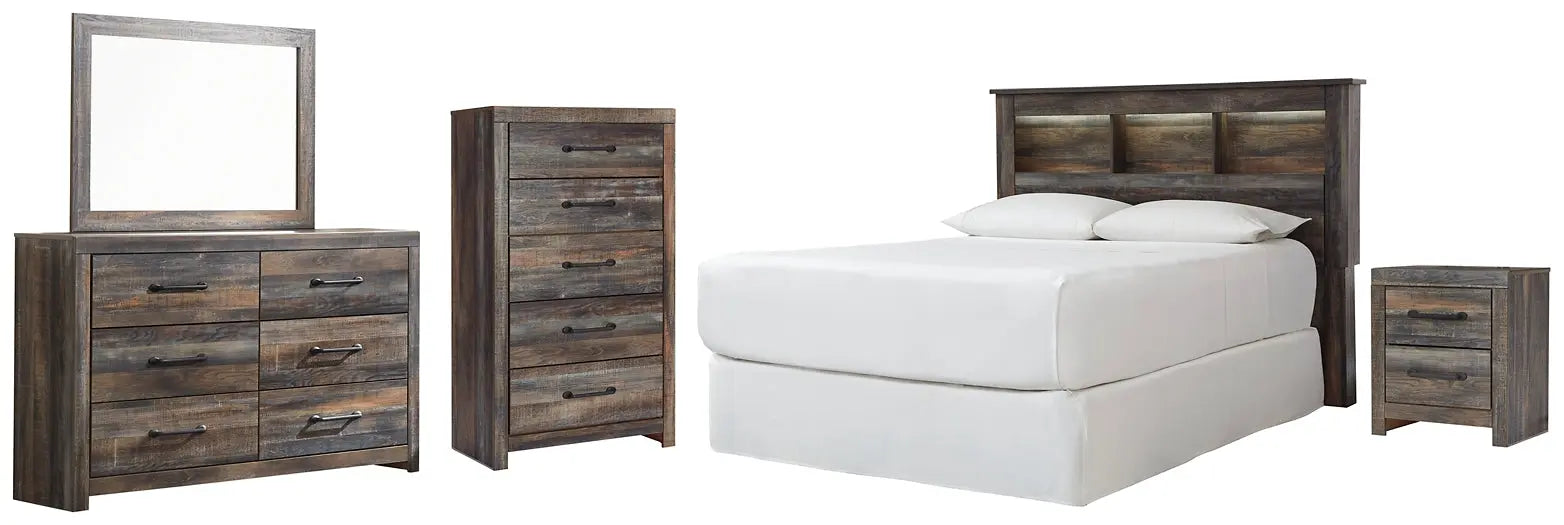 Drystan Queen/Full Bookcase Headboard with Mirrored Dresser, Chest and Nightstand at Lee Furniture, NC