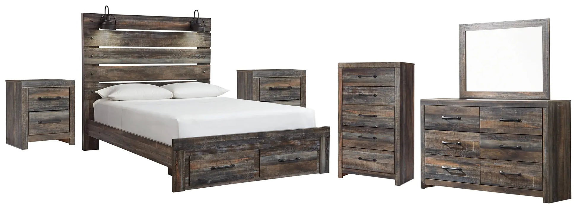 Drystan Queen Panel Bed with 2 Storage Drawers with Mirrored Dresser, Chest and 2 Nightstands at Lee Furniture, NC