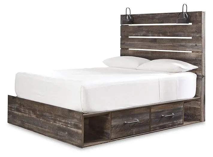 Drystan Queen Panel Bed with 2 Storage Drawers with Mirrored Dresser, Chest and 2 Nightstands at Lee Furniture, NC