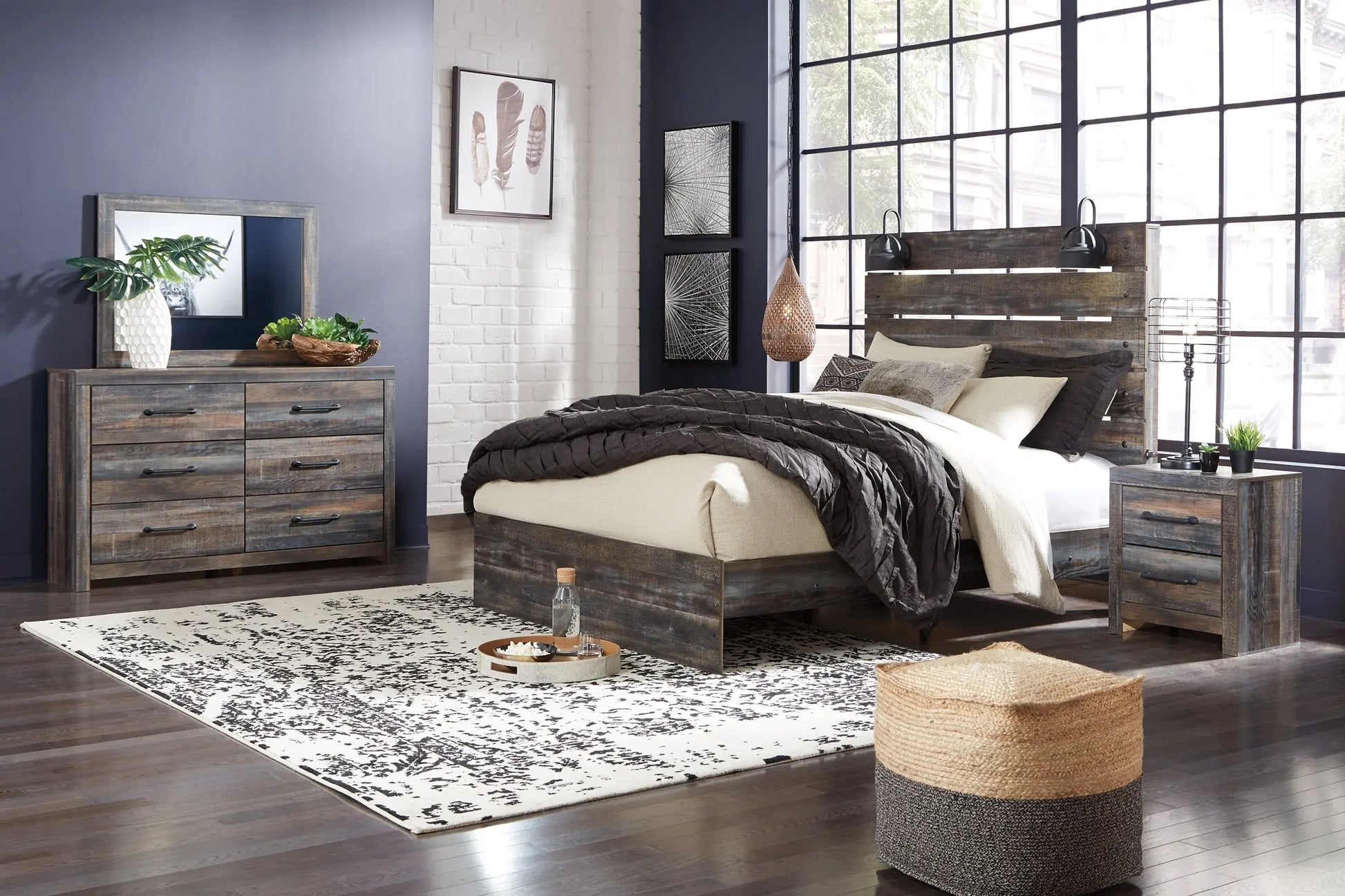 Drystan Queen Panel Bed with 2 Storage Drawers with Mirrored Dresser, Chest and 2 Nightstands at Lee Furniture, NC