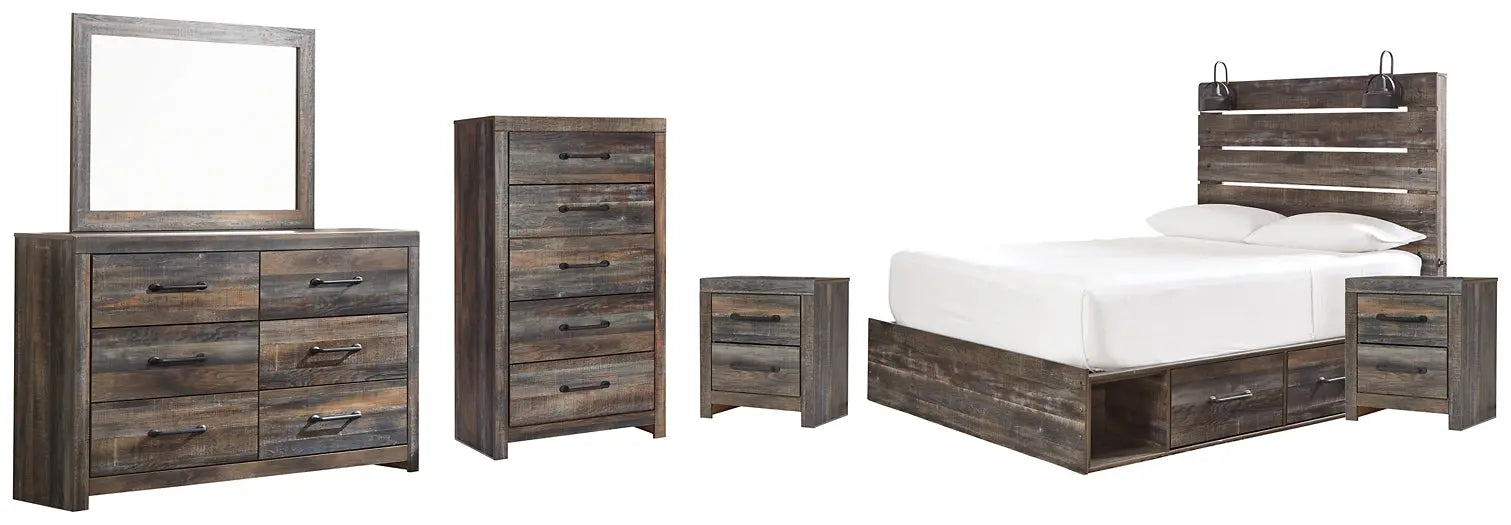 Drystan Queen Panel Bed with 2 Storage Drawers with Mirrored Dresser, Chest and 2 Nightstands at Lee Furniture, NC