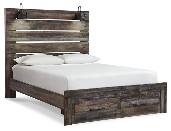 Drystan Queen Panel Bed with 2 Storage Drawers with Mirrored Dresser, Chest and 2 Nightstands at Lee Furniture, NC