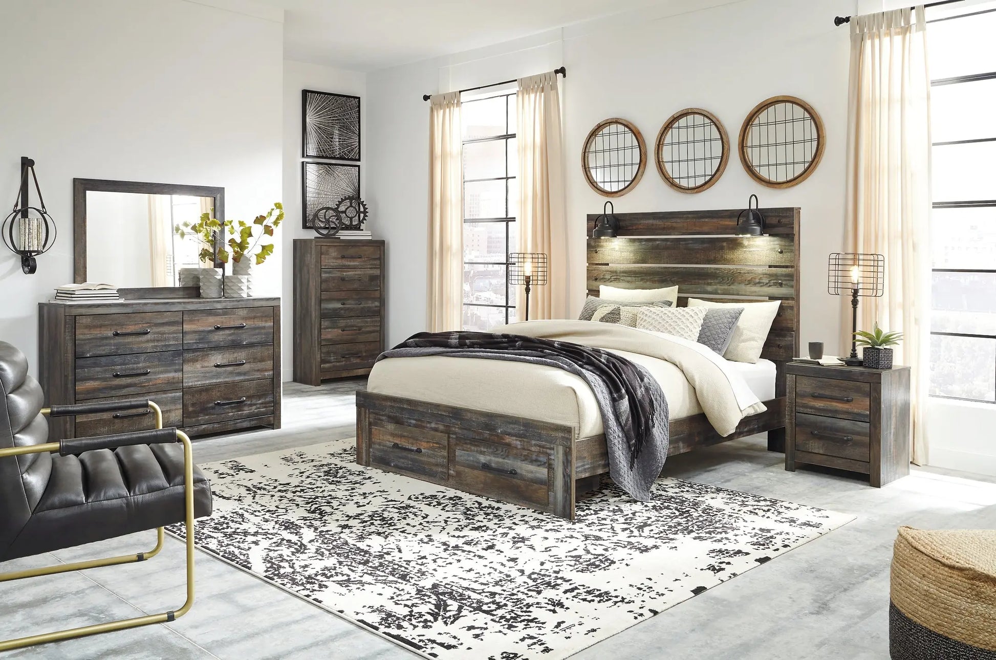 Drystan Queen Panel Bed with 2 Storage Drawers with Mirrored Dresser, Chest and 2 Nightstands at Lee Furniture, NC