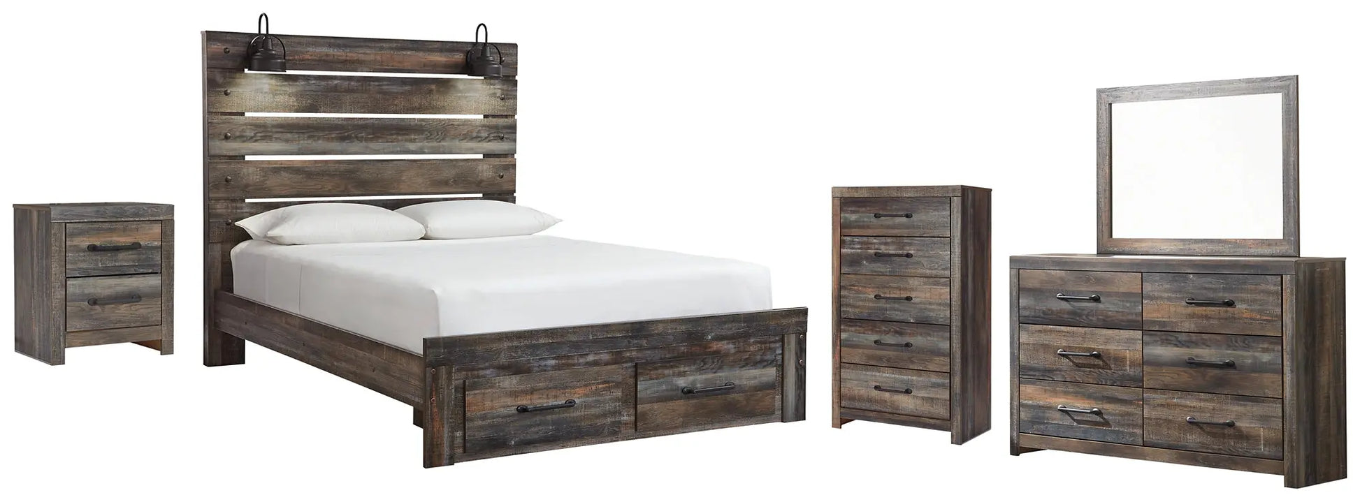 Drystan Queen Panel Bed with 2 Storage Drawers with Mirrored Dresser, Chest and Nightstand at Lee Furniture, NC