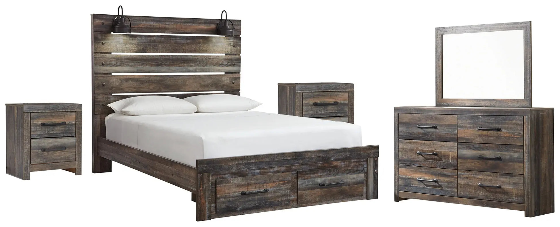 Drystan Queen Panel Bed with 2 Storage Drawers with Mirrored Dresser and 2 Nightstands at Lee Furniture, NC