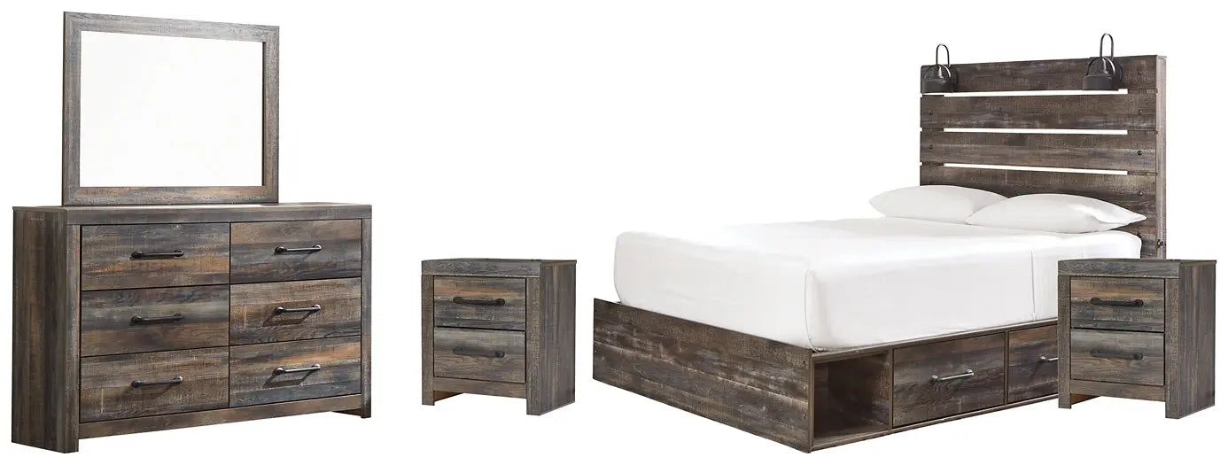 Drystan Queen Panel Bed with 2 Storage Drawers with Mirrored Dresser and 2 Nightstands at Lee Furniture, NC
