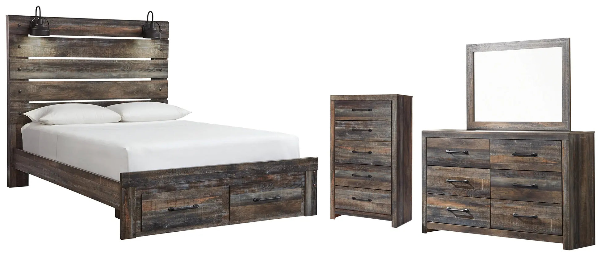 Drystan Queen Panel Bed with 2 Storage Drawers with Mirrored Dresser and Chest at Lee Furniture, NC