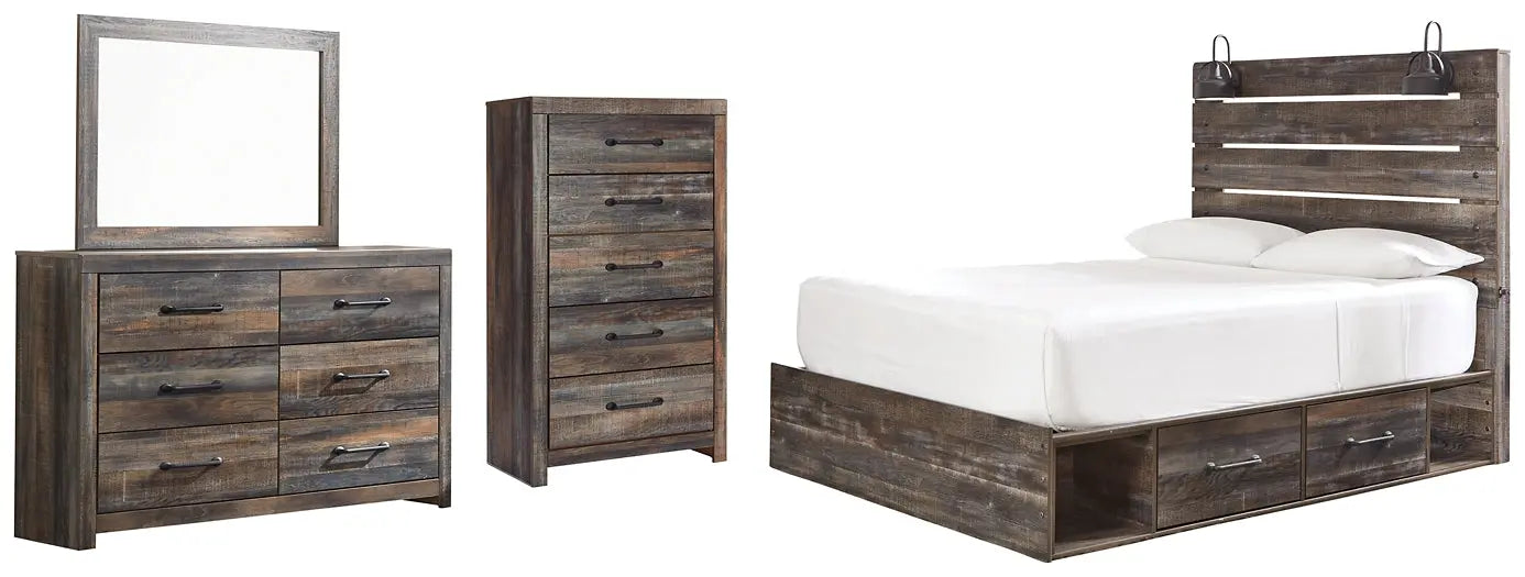 Drystan Queen Panel Bed with 2 Storage Drawers with Mirrored Dresser and Chest at Lee Furniture, NC