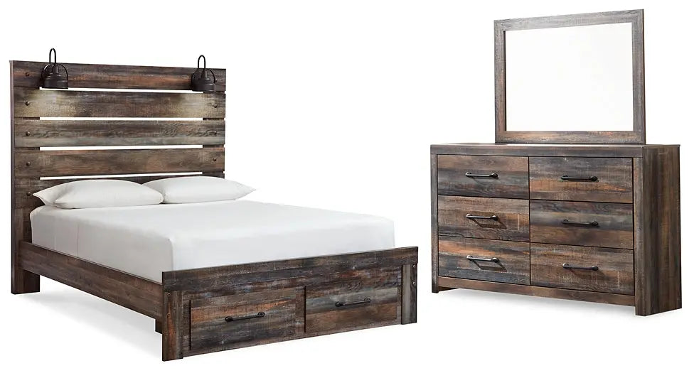 Drystan Queen Panel Bed with 2 Storage Drawers with Mirrored Dresser at Lee Furniture, NC