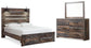 Drystan Queen Panel Bed with 2 Storage Drawers with Mirrored Dresser at Lee Furniture, NC