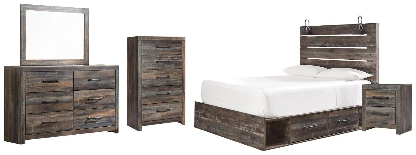 Drystan Queen Panel Bed with 4 Storage Drawers with Mirrored Dresser, Chest and Nightstand at Lee Furniture, NC
