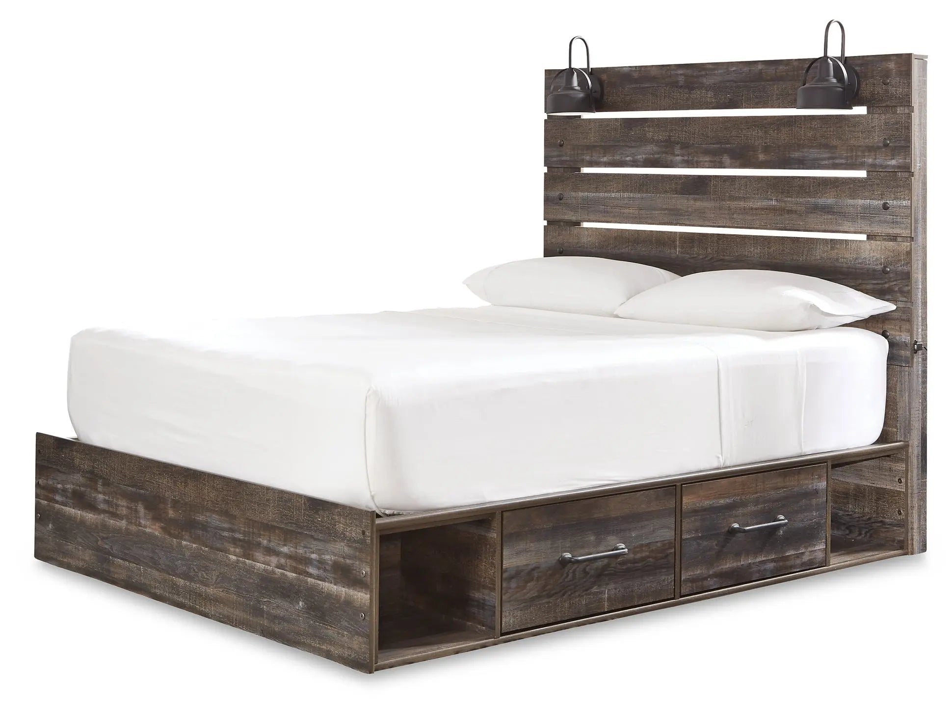 Drystan Queen Panel Bed with 4 Storage Drawers with Mirrored Dresser at Lee Furniture, NC