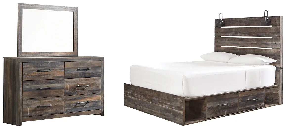 Drystan Queen Panel Bed with 4 Storage Drawers with Mirrored Dresser at Lee Furniture, NC
