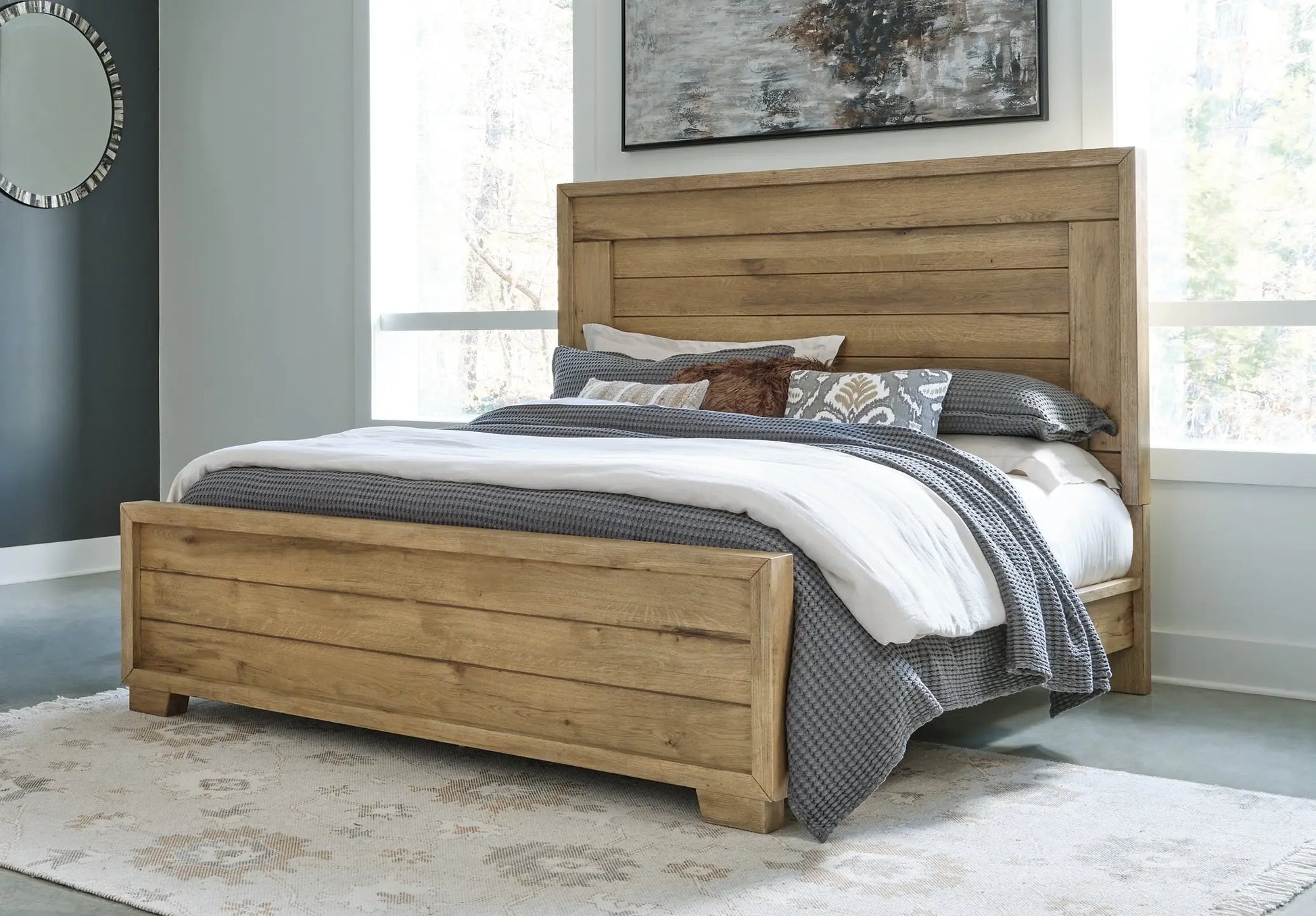 Galliden King Panel Bed with Mirrored Dresser and Nightstand at Lee Furniture, NC