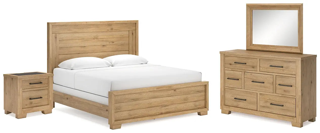 Galliden King Panel Bed with Mirrored Dresser and Nightstand at Lee Furniture, NC