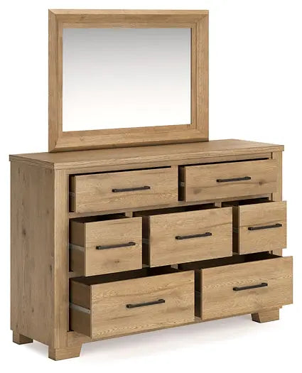 Galliden King Panel Bed with Mirrored Dresser and Nightstand at Lee Furniture, NC