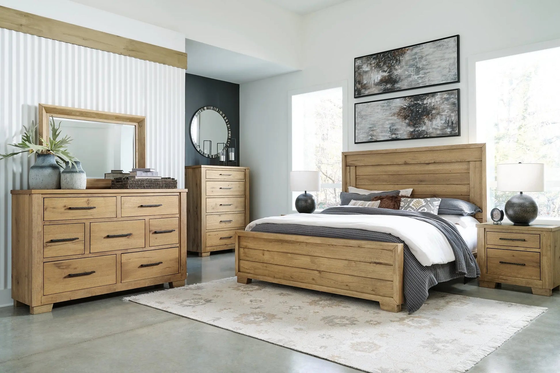 Galliden King Panel Bed with Mirrored Dresser and Nightstand at Lee Furniture, NC