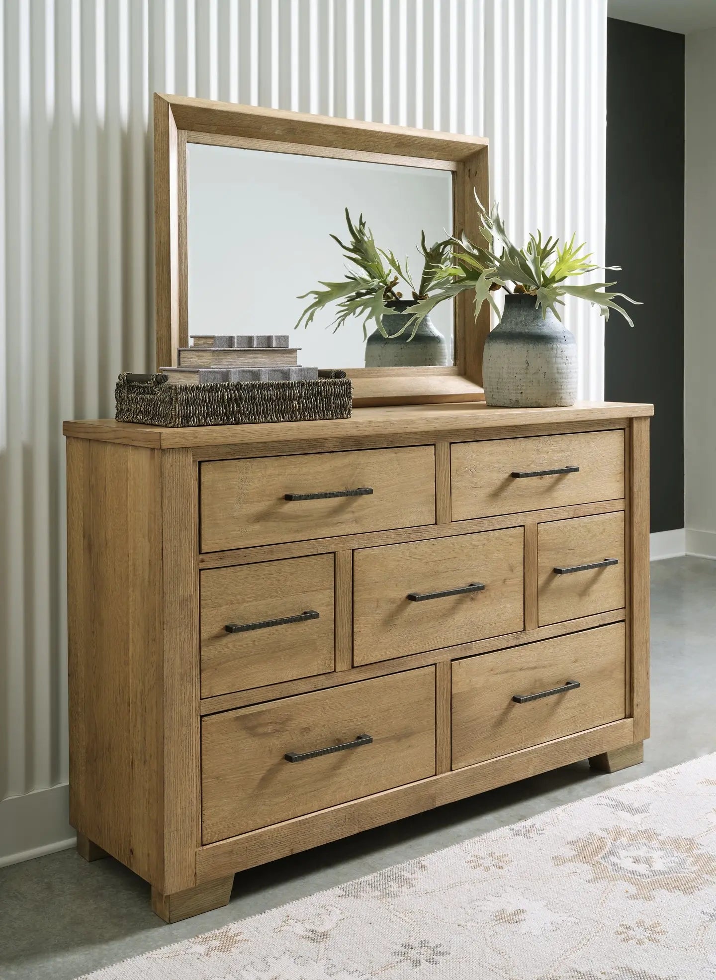 Galliden King Panel Bed with Mirrored Dresser and Nightstand at Lee Furniture, NC