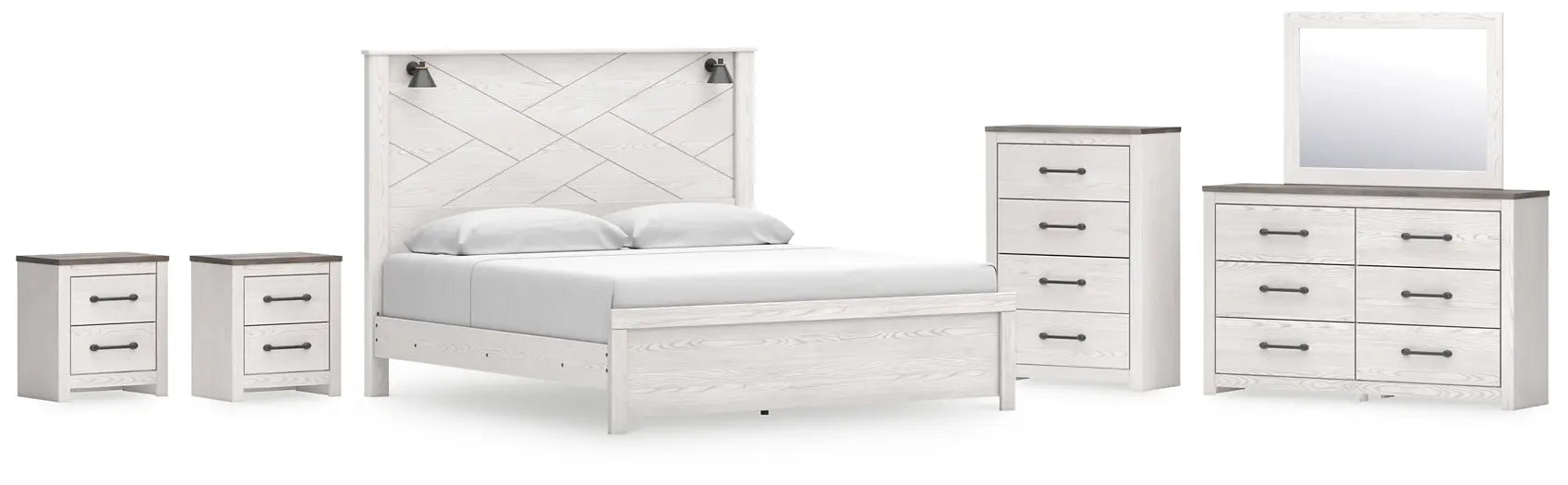 Gerridan King Panel Bed with Mirrored Dresser, Chest and 2 Nightstands at Lee Furniture, NC