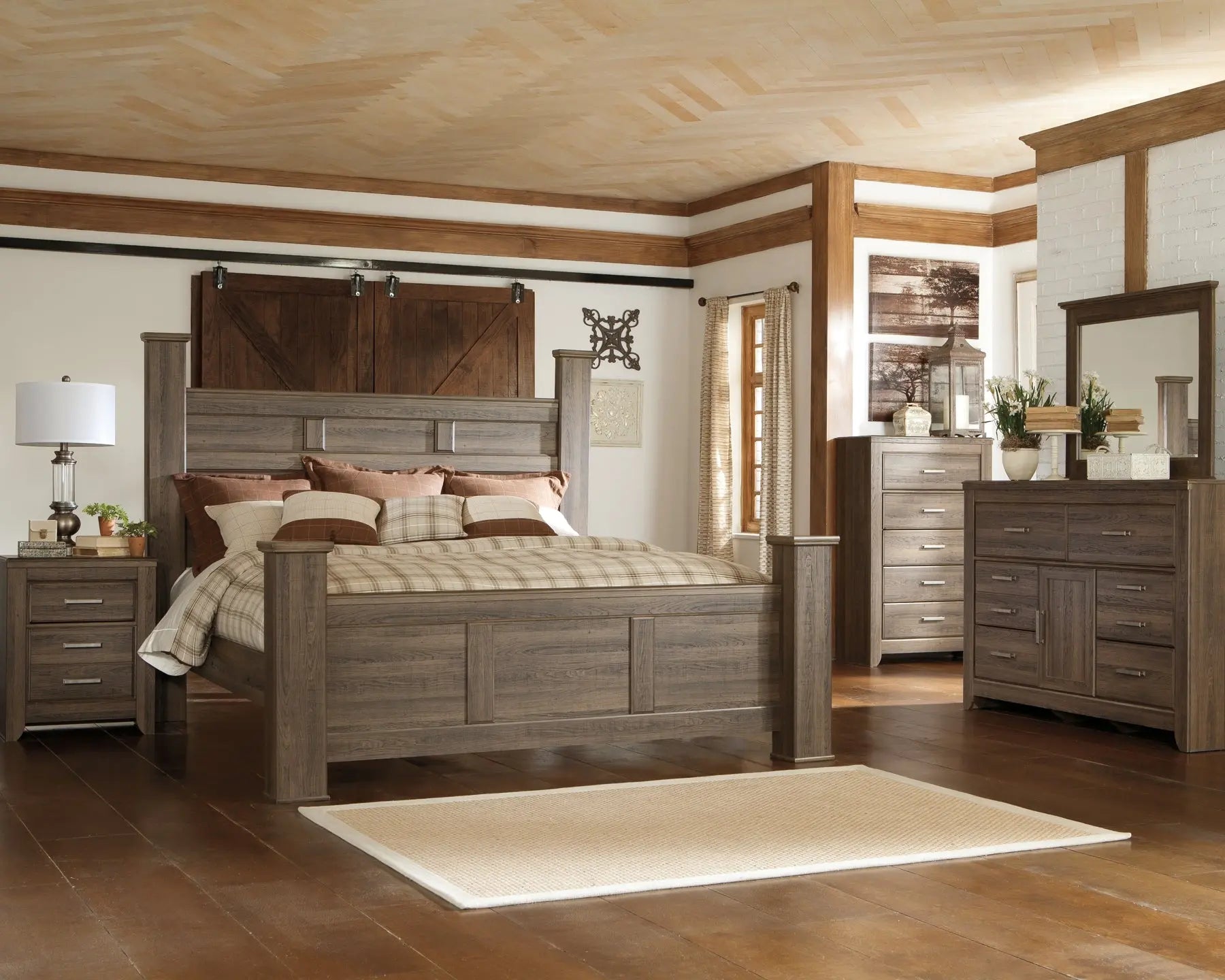 Juararo California King Poster Bed with Mirrored Dresser, Chest and 2 Nightstands at Lee Furniture, NC