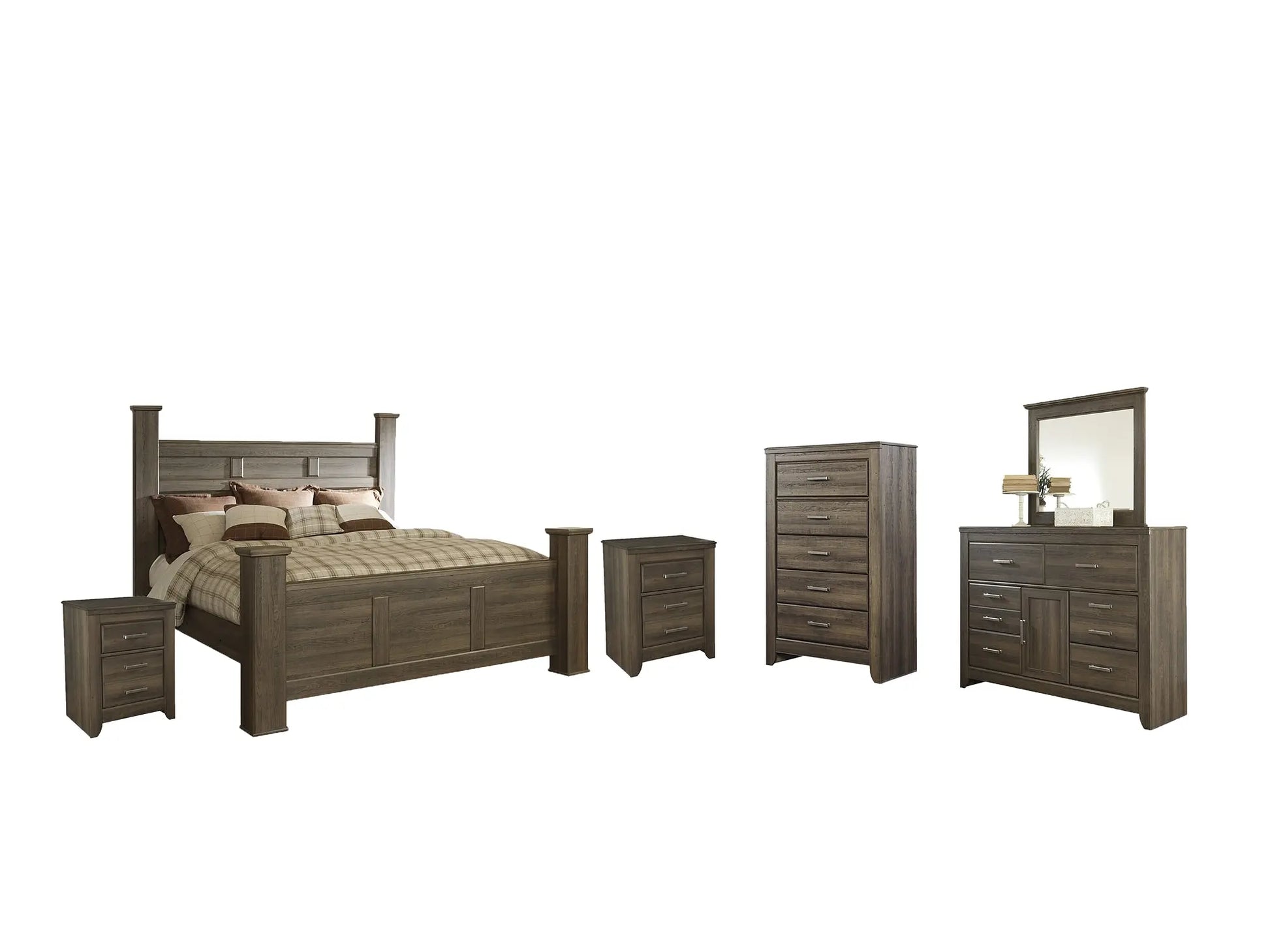 Juararo California King Poster Bed with Mirrored Dresser, Chest and 2 Nightstands at Lee Furniture, NC