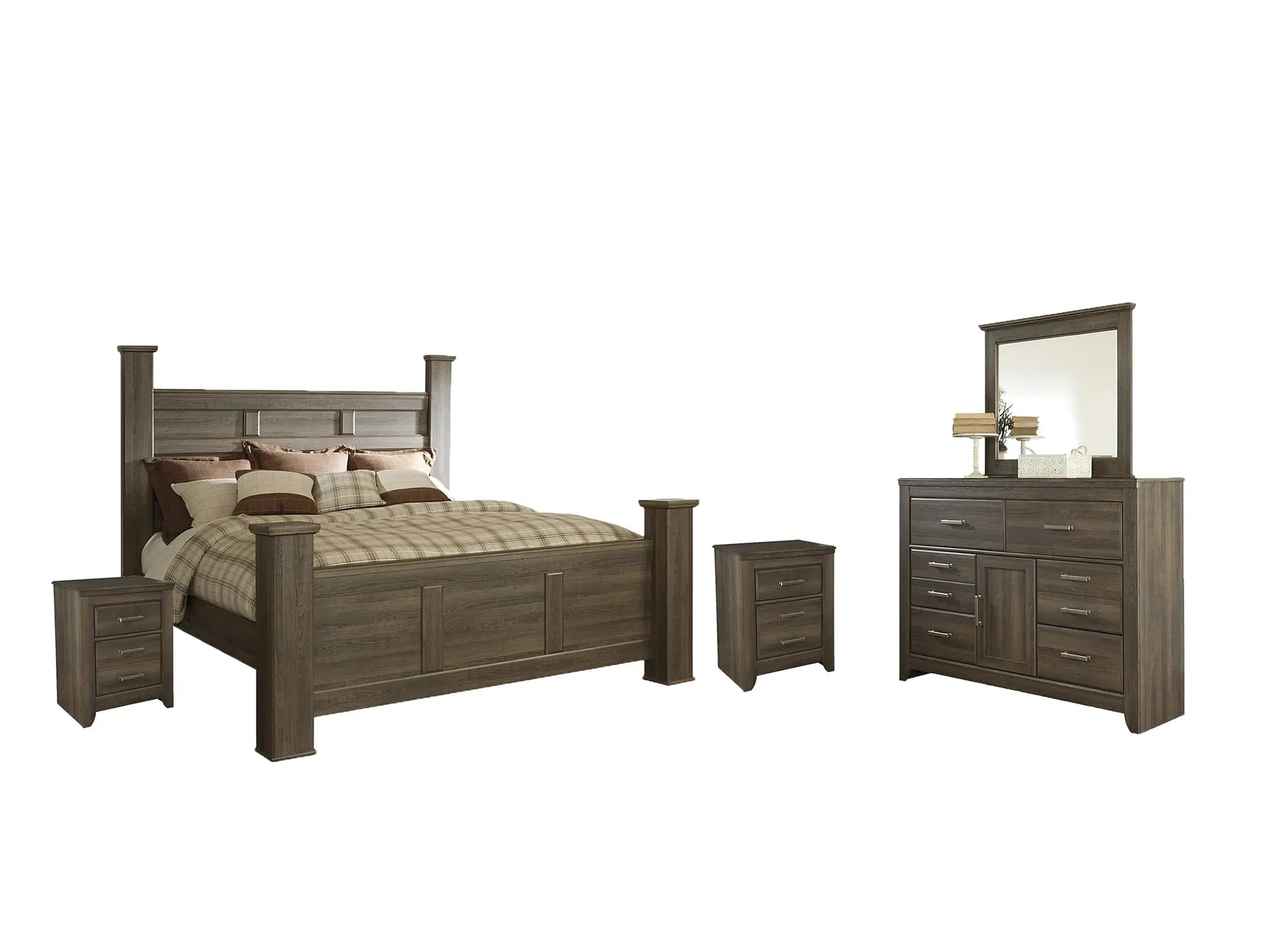 Juararo California King Poster Bed with Mirrored Dresser and 2 Nightstands at Lee Furniture, NC