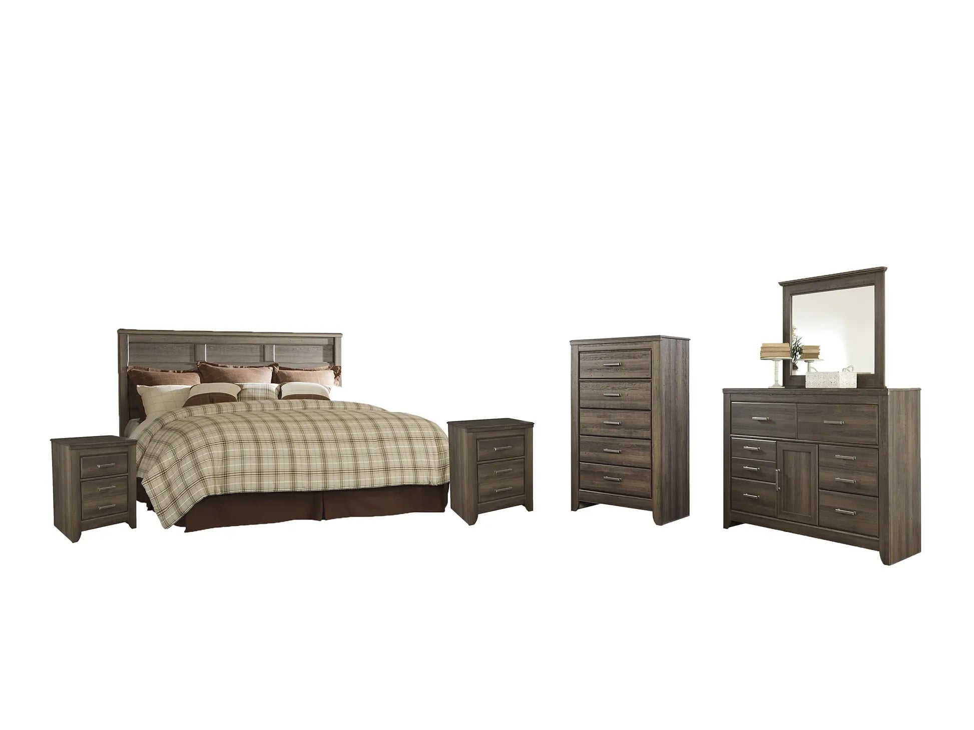 Juararo King/California King Panel Headboard with Mirrored Dresser, Chest and 2 Nightstands at Lee Furniture, NC