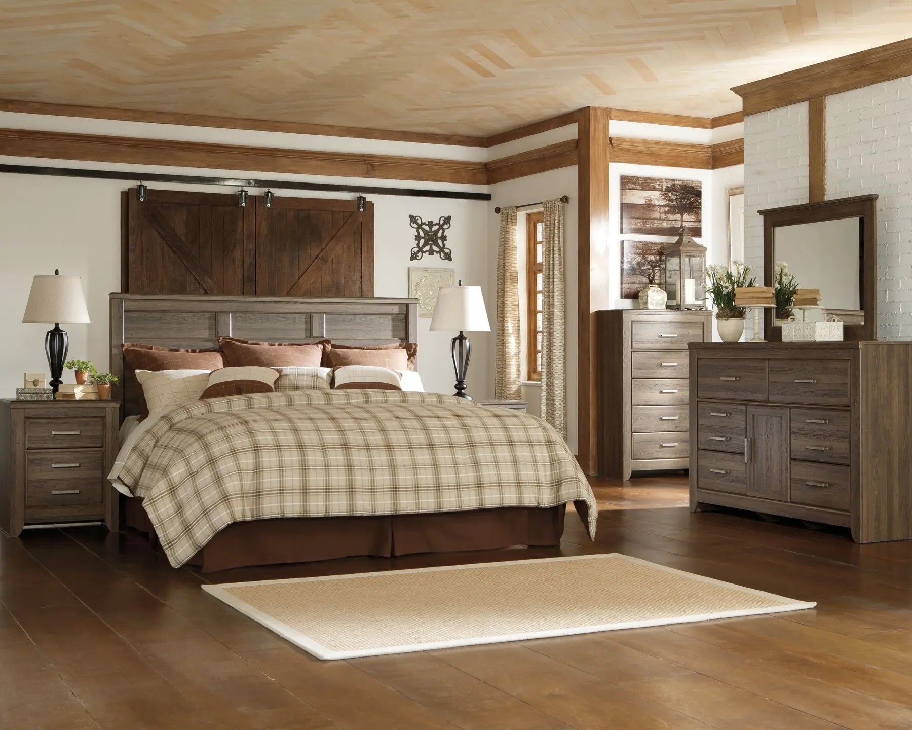 Juararo King/California King Panel Headboard with Mirrored Dresser, Chest and 2 Nightstands at Lee Furniture, NC