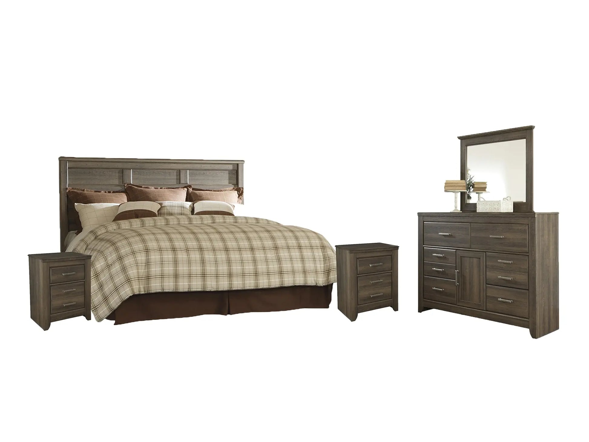 Juararo King/California King Panel Headboard with Mirrored Dresser and 2 Nightstands at Lee Furniture, NC
