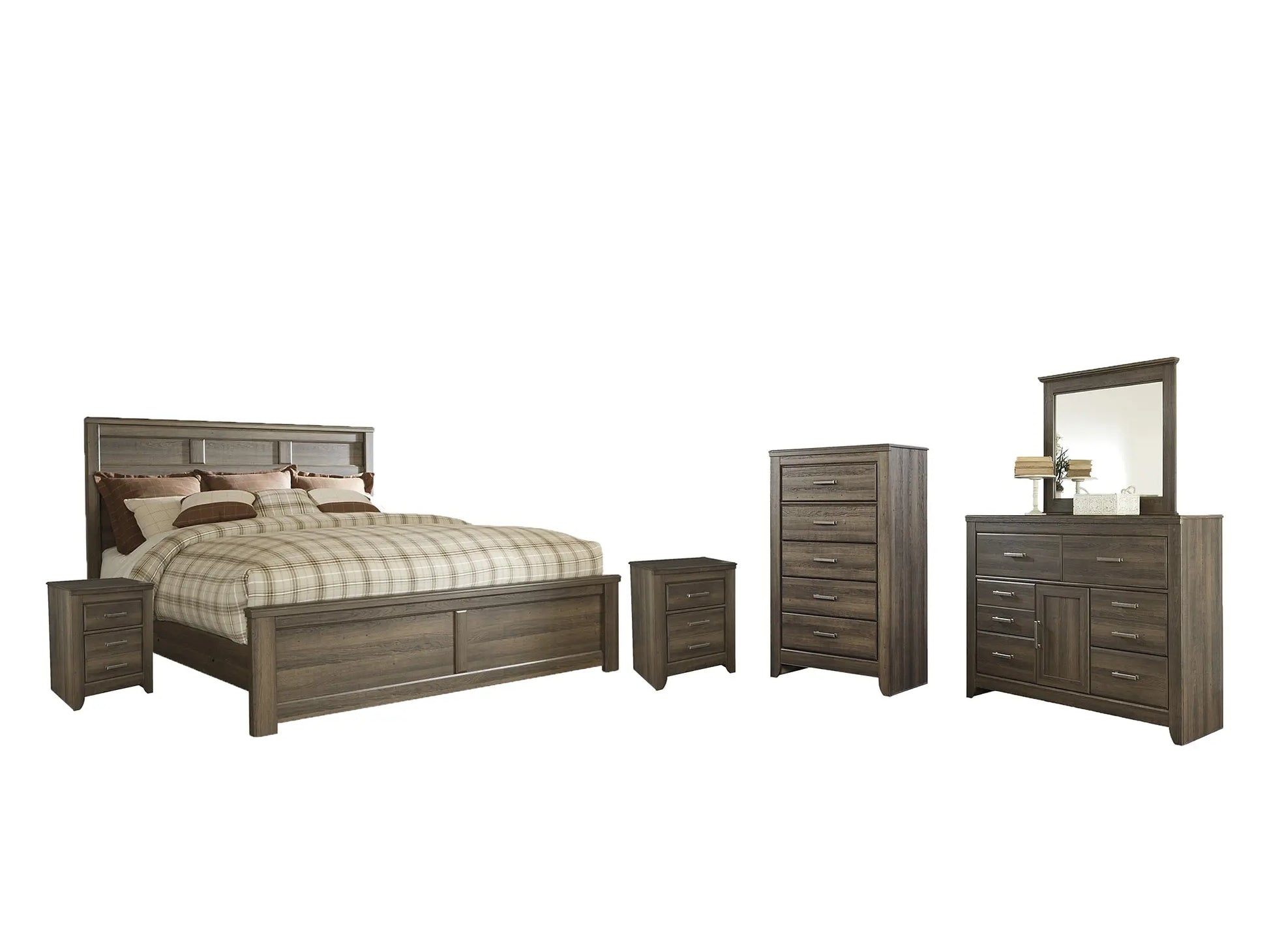 Juararo King Panel Bed with Mirrored Dresser, Chest and 2 Nightstands at Lee Furniture, NC