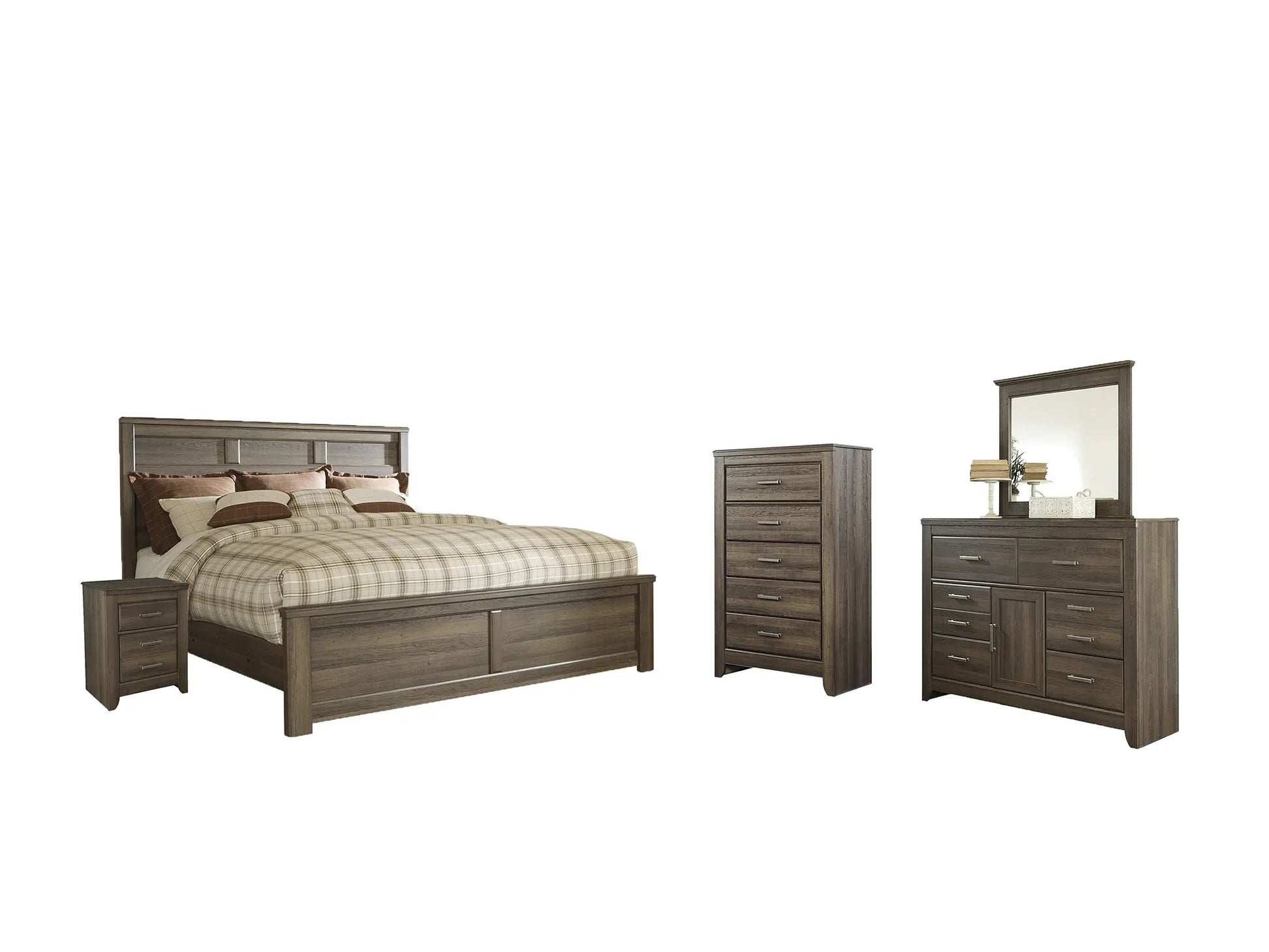 Juararo King Panel Bed with Mirrored Dresser, Chest and Nightstand at Lee Furniture, NC