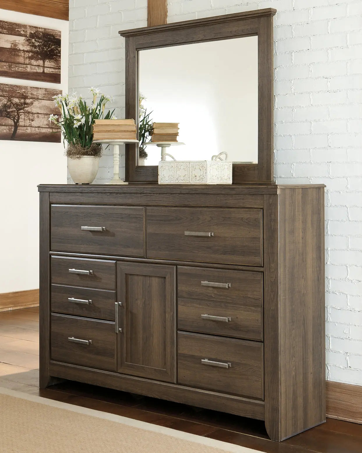 Juararo King Panel Bed with Mirrored Dresser, Chest and Nightstand at Lee Furniture, NC
