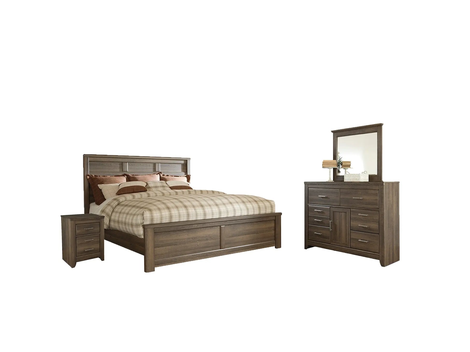 Juararo King Panel Bed with Mirrored Dresser and 2 Nightstands at Lee Furniture, NC