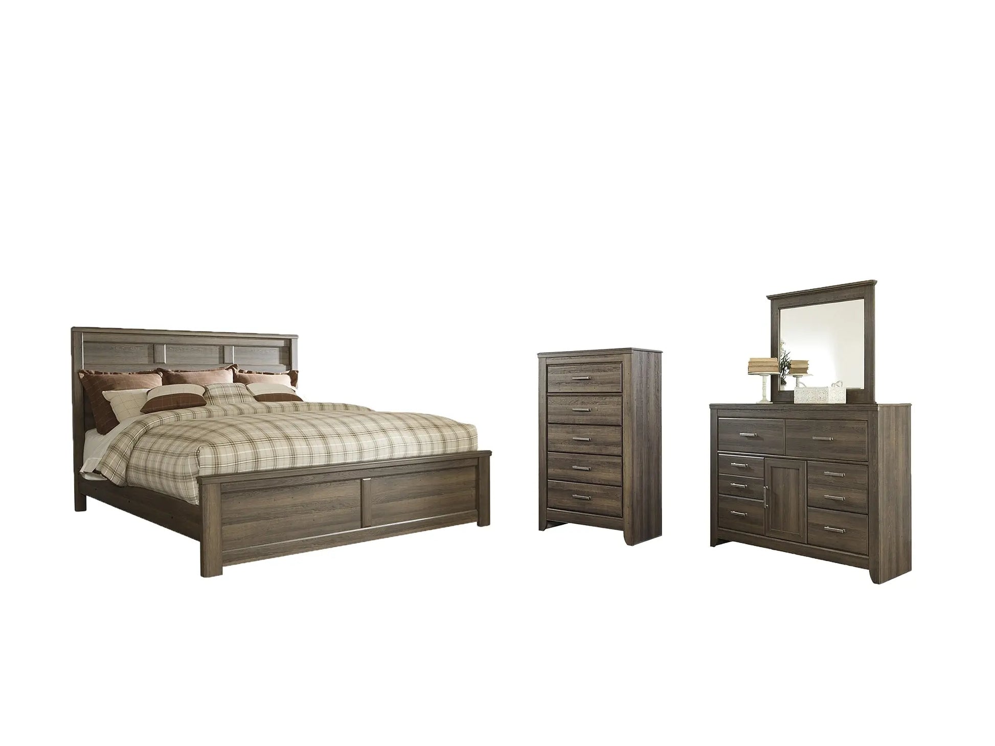 Juararo King Panel Bed with Mirrored Dresser and Chest at Lee Furniture, NC