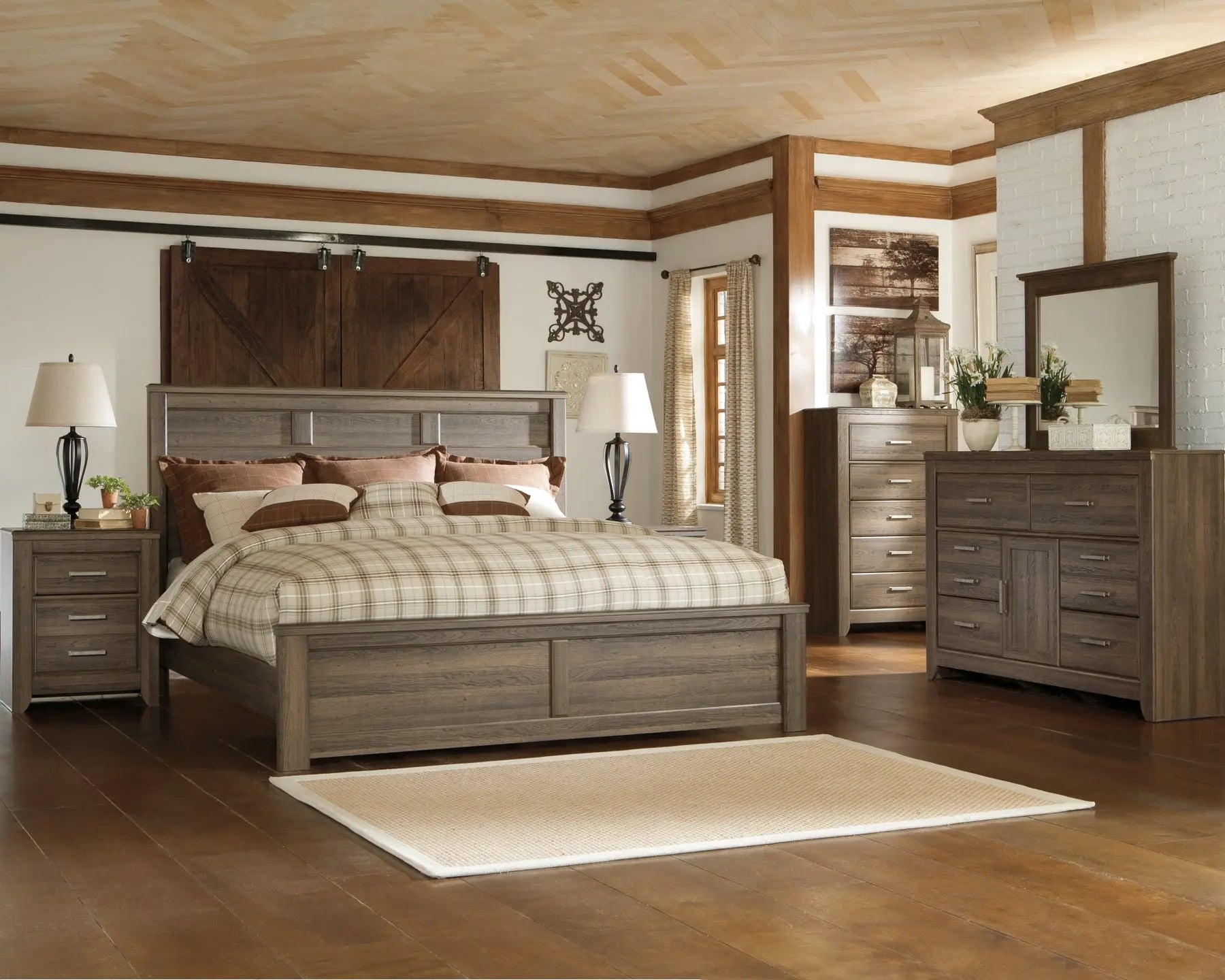 Juararo King Panel Bed with Mirrored Dresser and Chest at Lee Furniture, NC