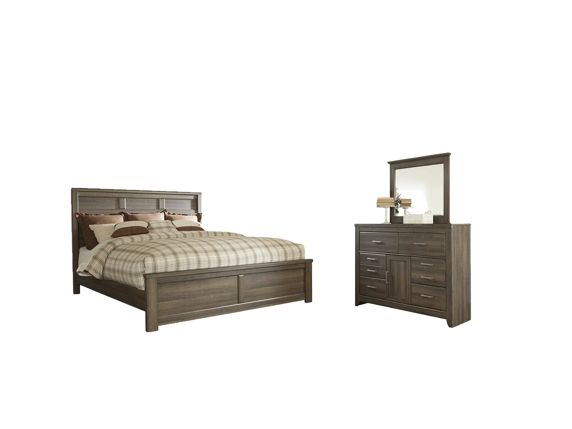 Juararo King Panel Bed with Mirrored Dresser at Lee Furniture, NC