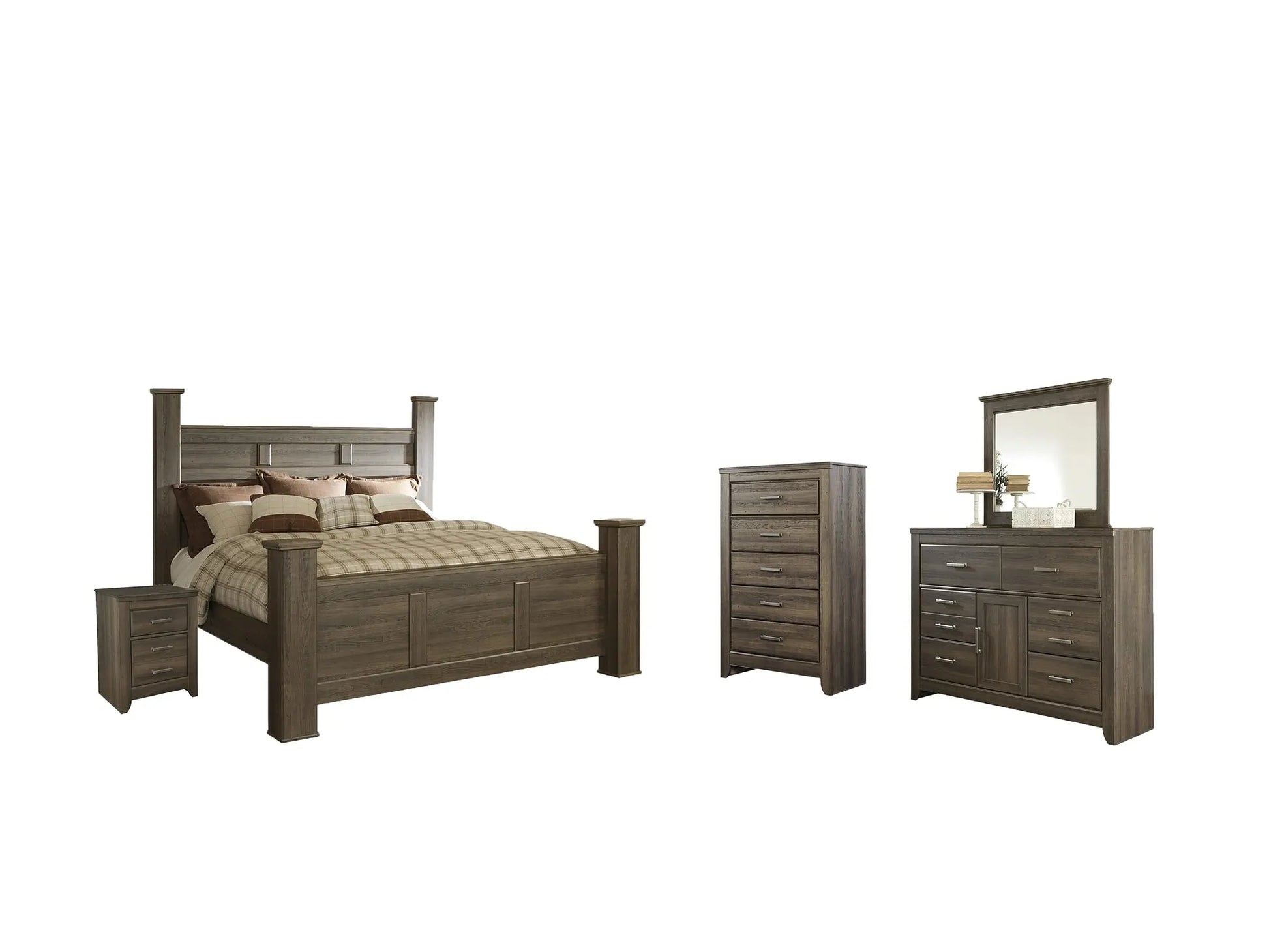 Juararo King Poster Bed with Mirrored Dresser, Chest and Nightstand at Lee Furniture, NC