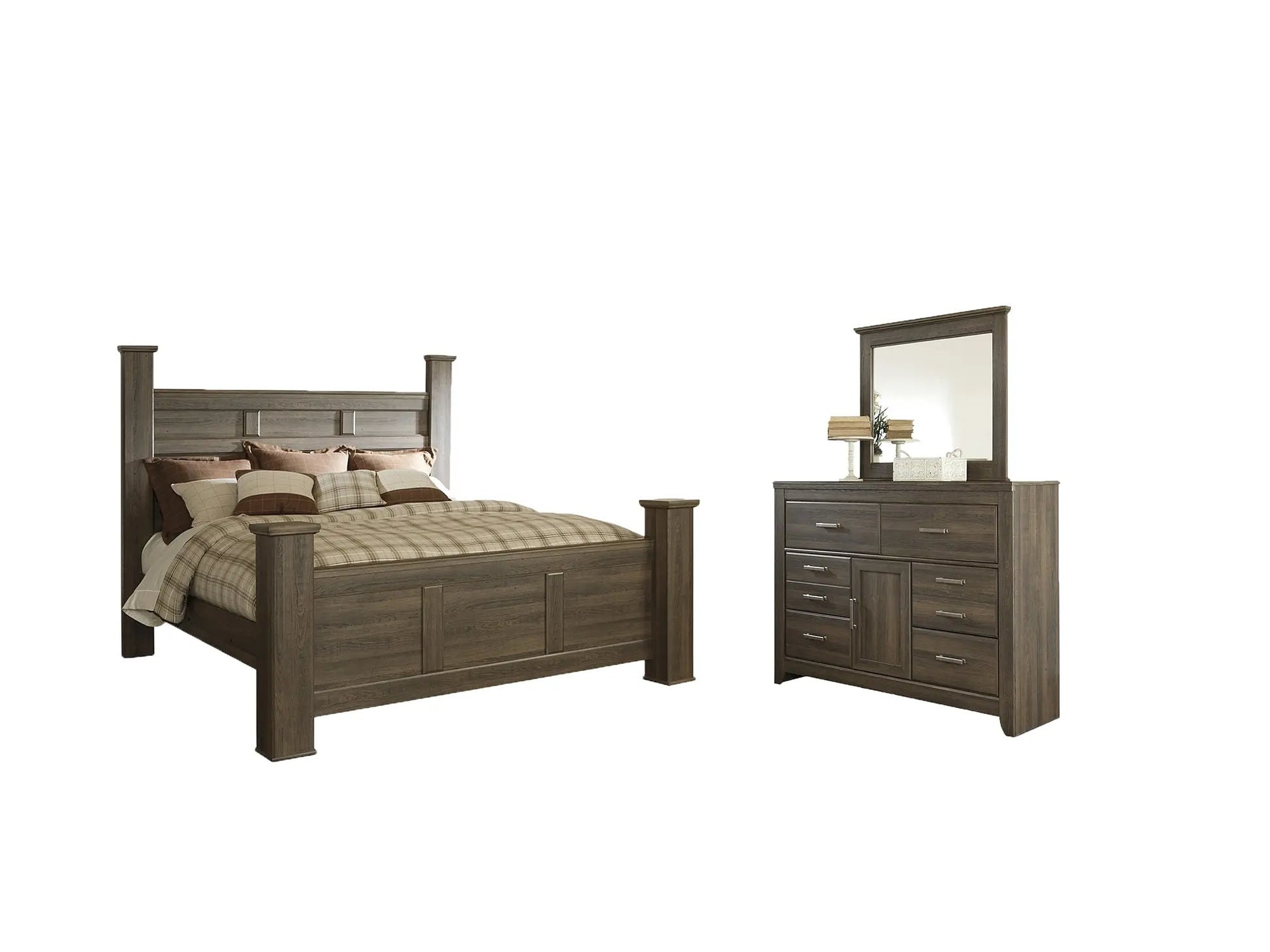 Juararo King Poster Bed with Mirrored Dresser at Lee Furniture, NC