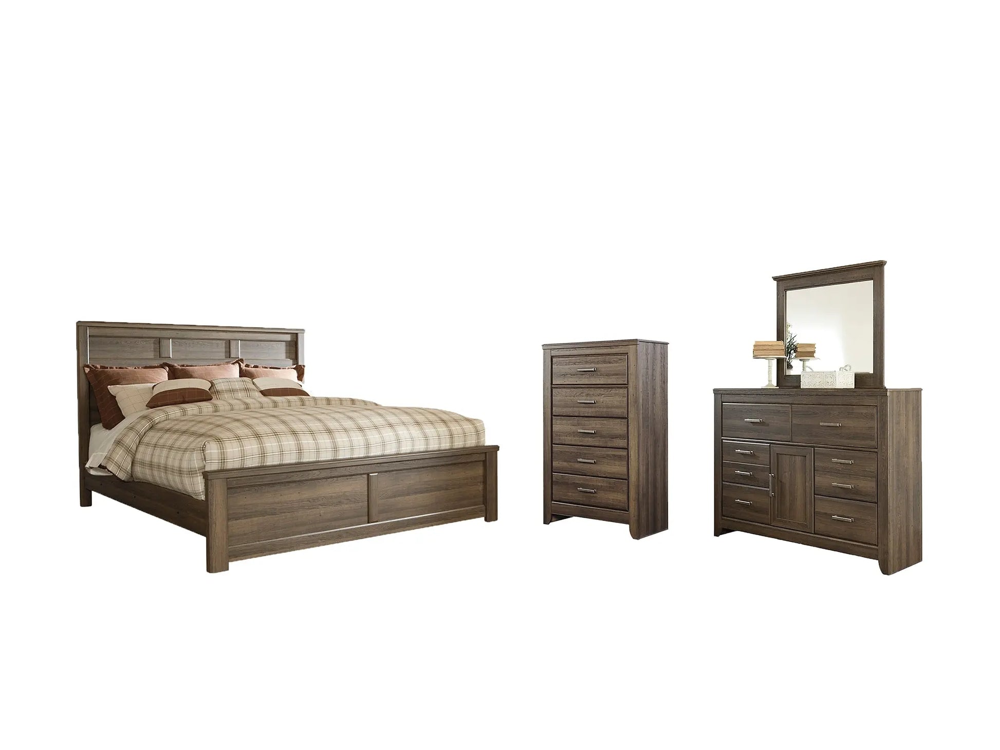 Juararo Queen Panel Bed with Mirrored Dresser and Chest at Lee Furniture, NC