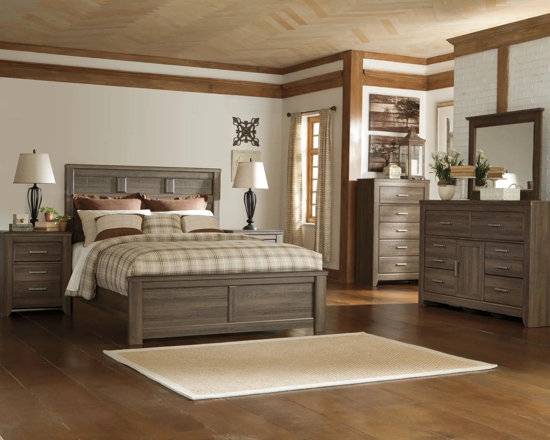 Juararo Queen Panel Bed with Mirrored Dresser at Lee Furniture, NC