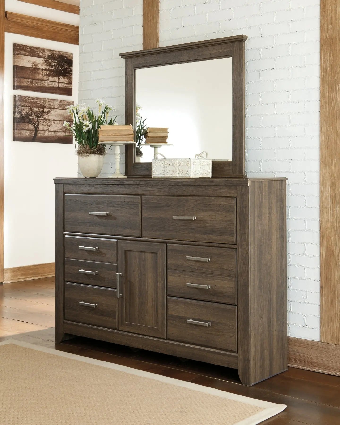 Juararo Queen Panel Headboard with Mirrored Dresser, Chest and 2 Nightstands at Lee Furniture, NC