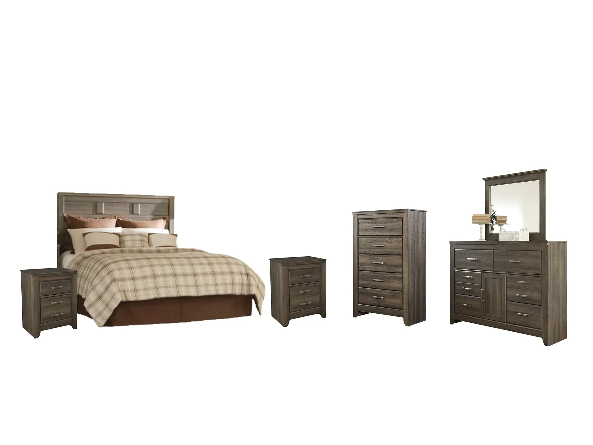 Juararo Queen Panel Headboard with Mirrored Dresser, Chest and 2 Nightstands at Lee Furniture, NC