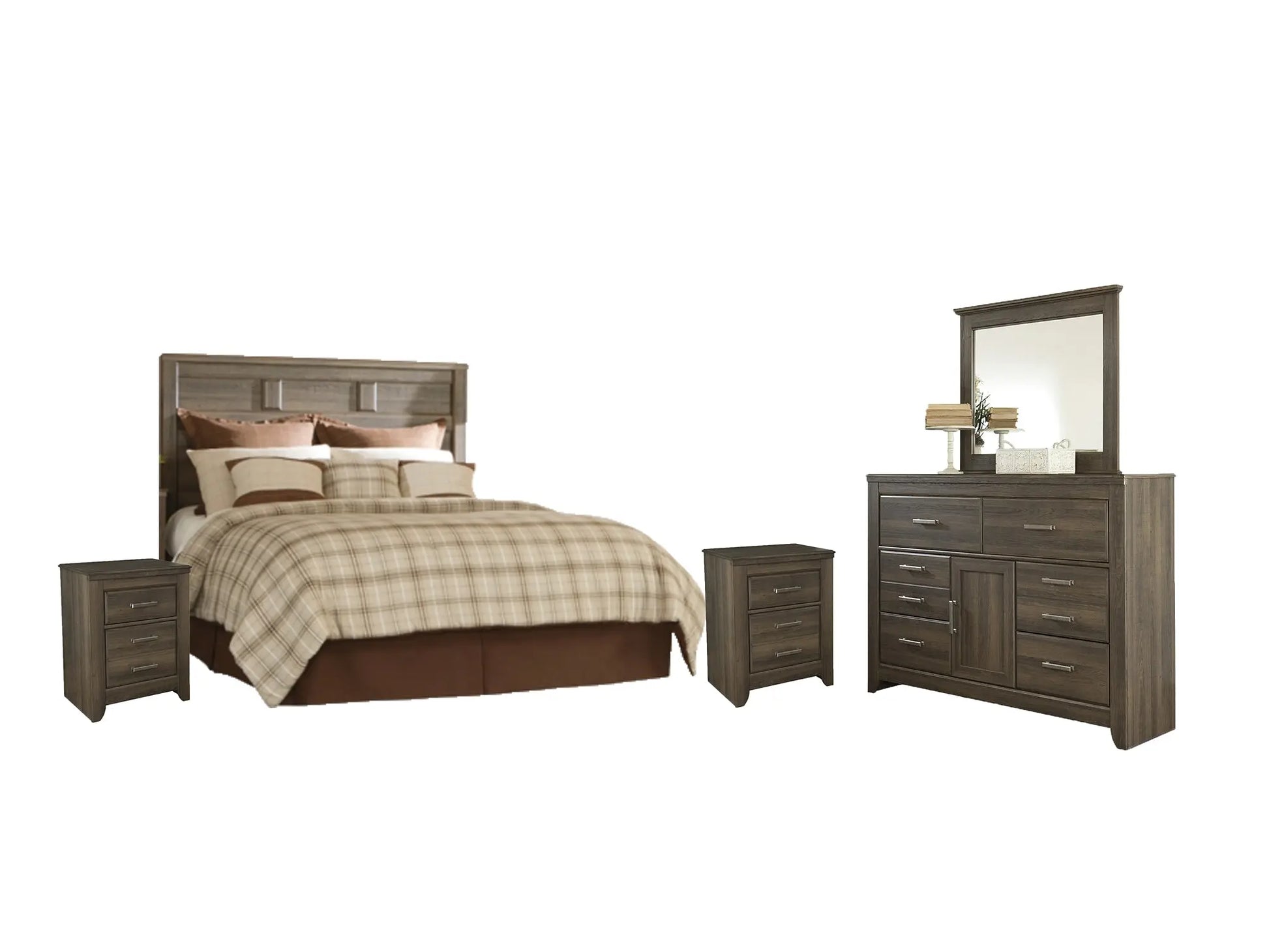 Juararo Queen Panel Headboard with Mirrored Dresser and 2 Nightstands at Lee Furniture, NC