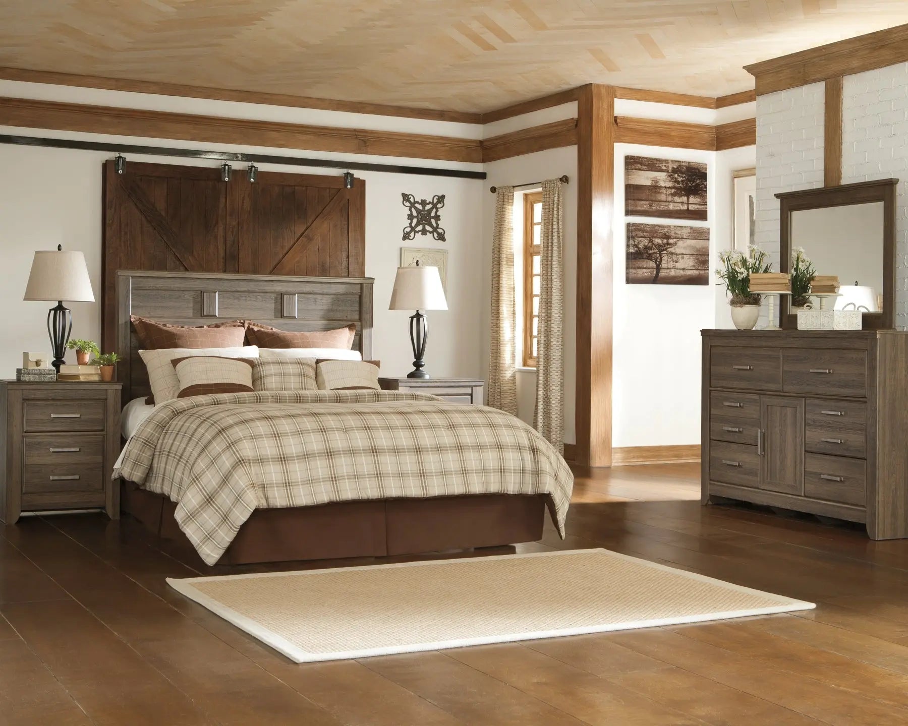 Juararo Queen Panel Headboard with Mirrored Dresser and 2 Nightstands at Lee Furniture, NC