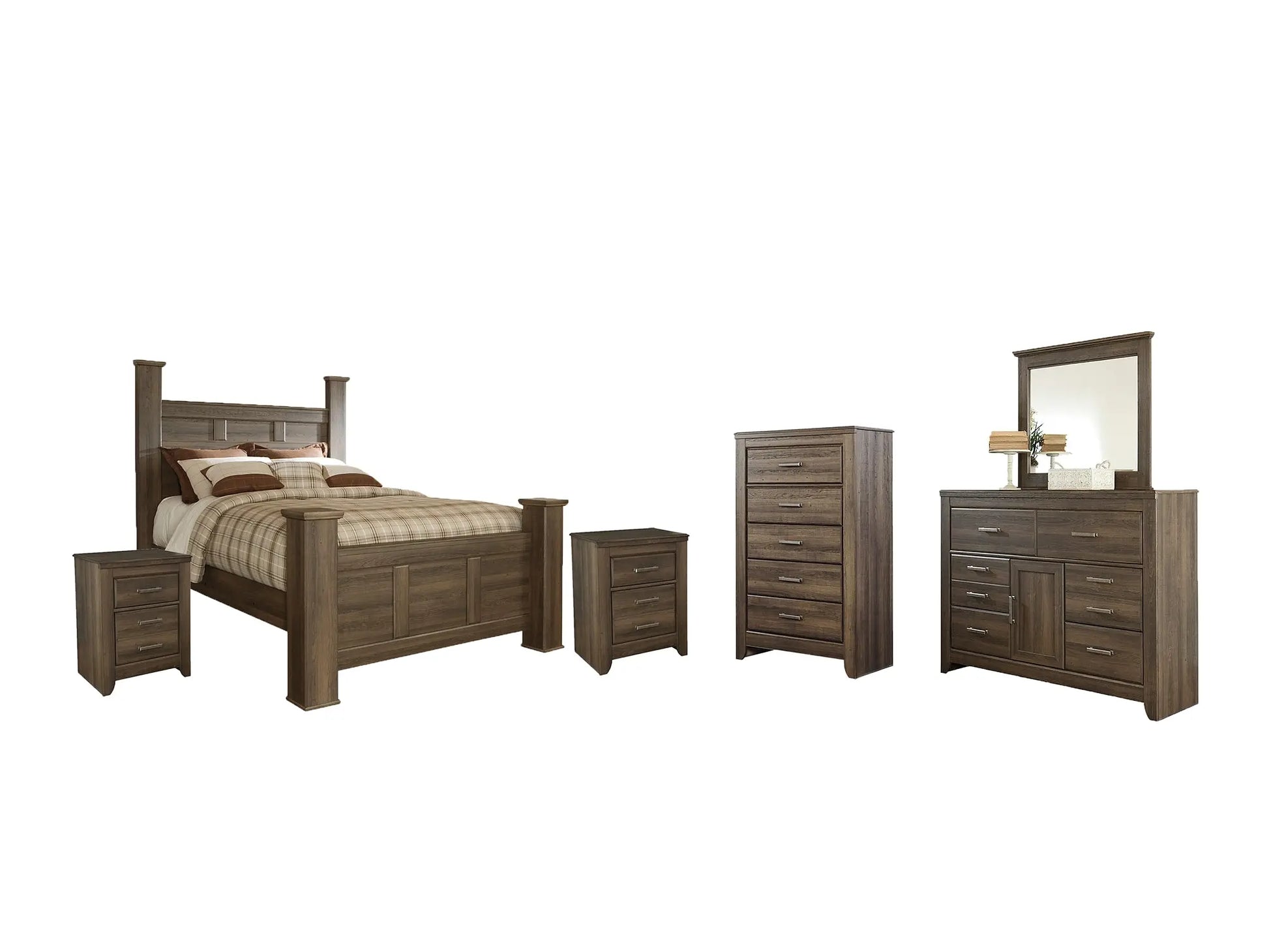 Juararo Queen Poster Bed with Mirrored Dresser, Chest and 2 Nightstands at Lee Furniture, NC