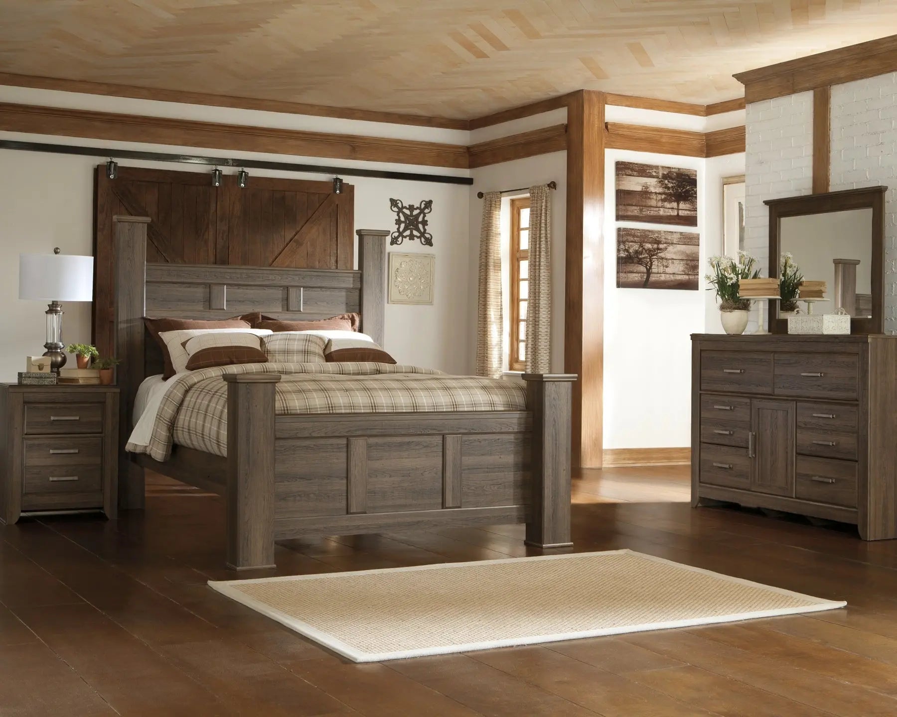 Juararo Queen Poster Bed with Mirrored Dresser at Lee Furniture, NC