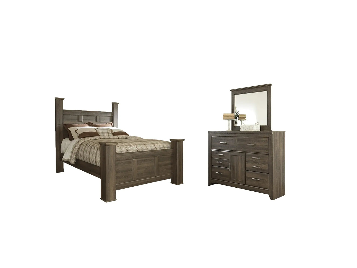 Juararo Queen Poster Bed with Mirrored Dresser at Lee Furniture, NC