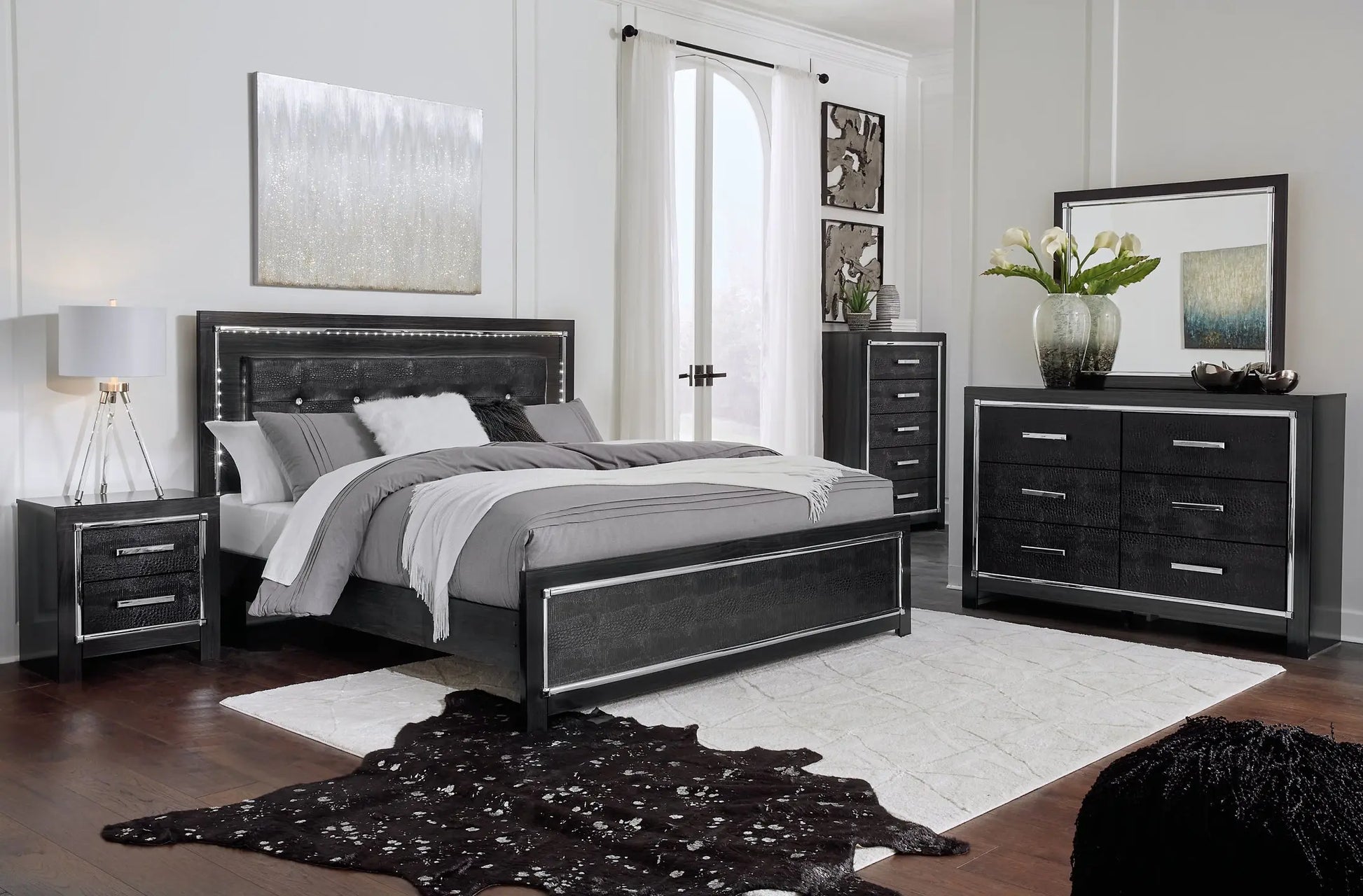 Kaydell King Upholstered Panel Bed with Mirrored Dresser and 2 Nightstands at Lee Furniture, NC