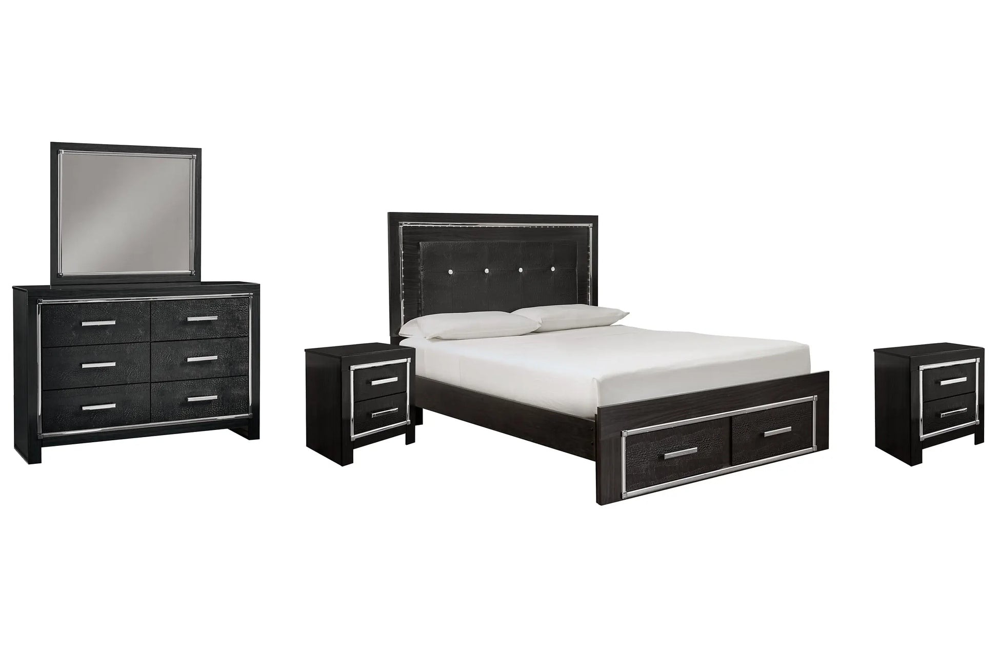 Kaydell King Upholstered Panel Bed with Mirrored Dresser and 2 Nightstands at Lee Furniture, NC